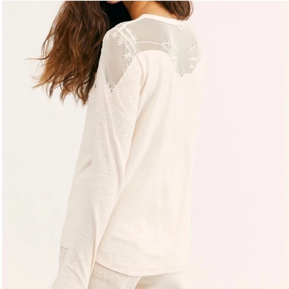 Free people Micha Embellished Mesh Beaded Long Sleeve Tee Top Peach Color Size M